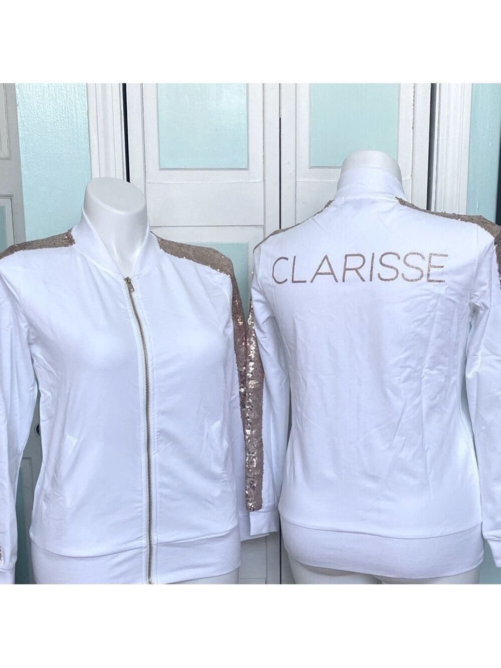 Clarisse Prom Rose Gold Glitter Sequin Athletic Zip up jacket NEW